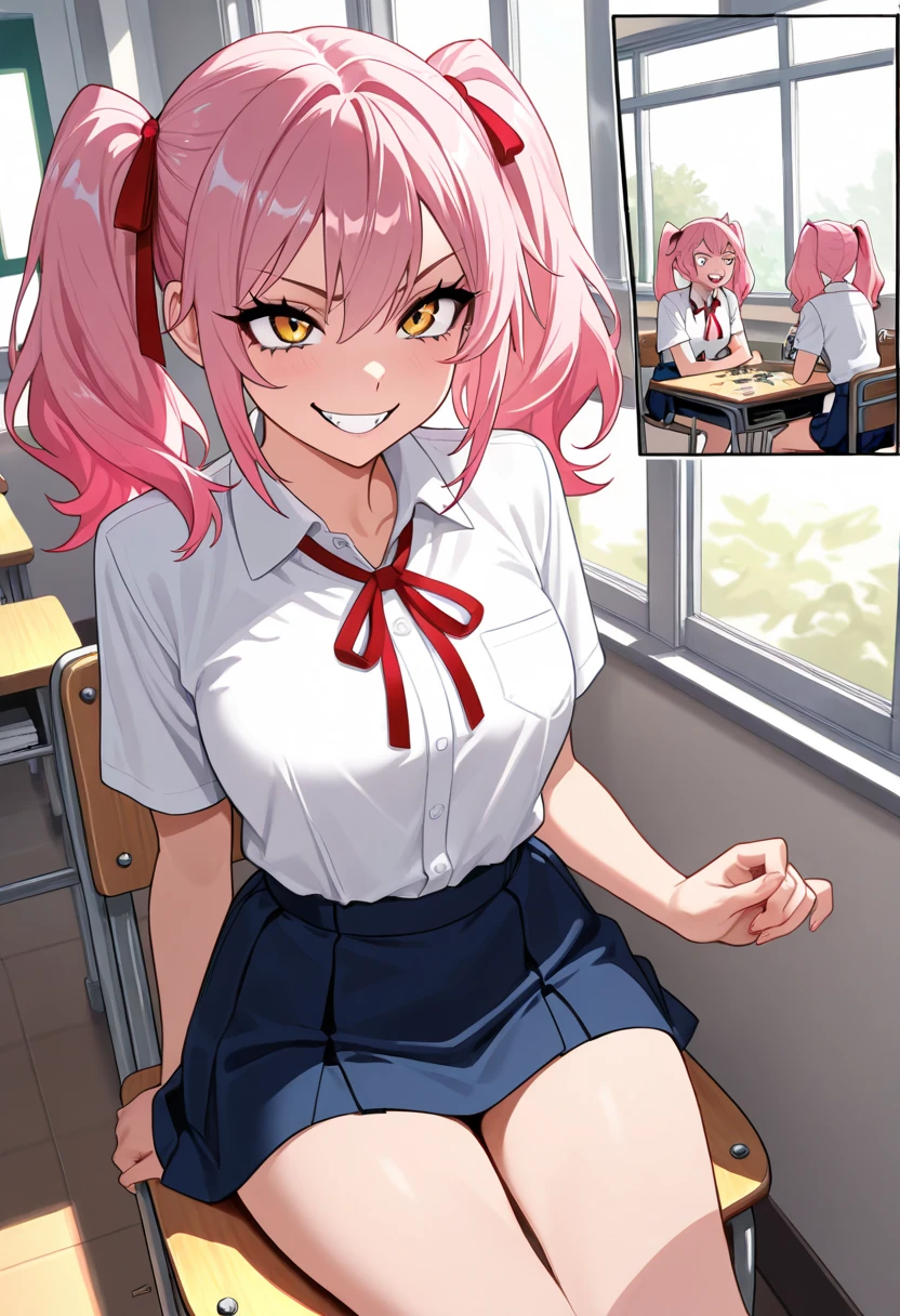 score_9, score_8_up, score_7_up,
1girl, koumoto akane, medium hair, demon horns,
pink hair, green eyes,
standing, looking at viewer, dark aura, glowing horns, grin, wide-eyed, crazy eyes, hallway, bloodshot eyes,
, red sweater vest, red skirt, plaid skirt,