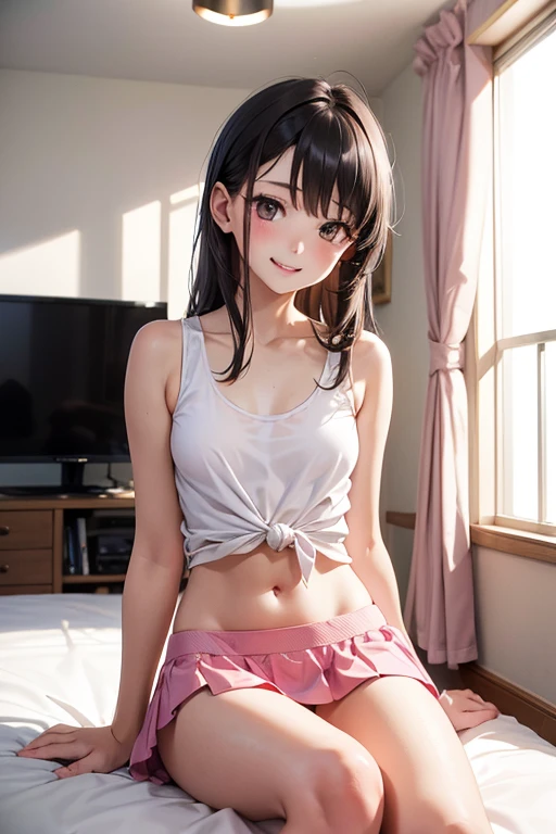 One, Skinny, Skinny thighs, Intricate clothes, Full body, Couch, Cinematic light, Anime, Small ass, Natural breasts, Standing, Tanned skin, Brunette hair, Thai, 18 Years old, Cotton shorts, Bra, ((Transgender)), Realism, ((bulge))