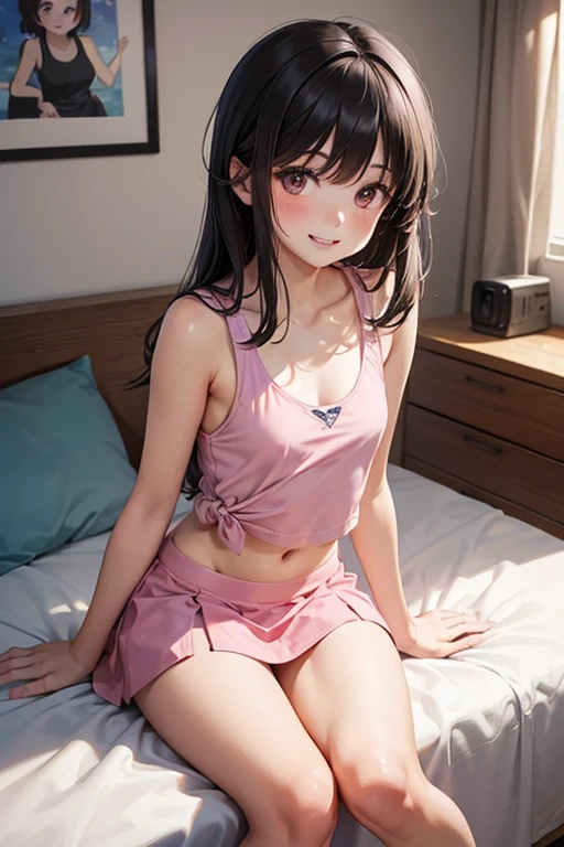 1girl, pretty, wicked smile, hot, sexy, expressive face, expressive eyes, sex, blushing, lewd, innocent expression, full lips. looking at the viewer, posing for a picture, legs open, small breasts, small hips, small waist, loli, young girl (best quality) (best detail) teen girl, teasing expression, pouting, school girl uniform, bikini, lingerie, pijamas, kawaii,