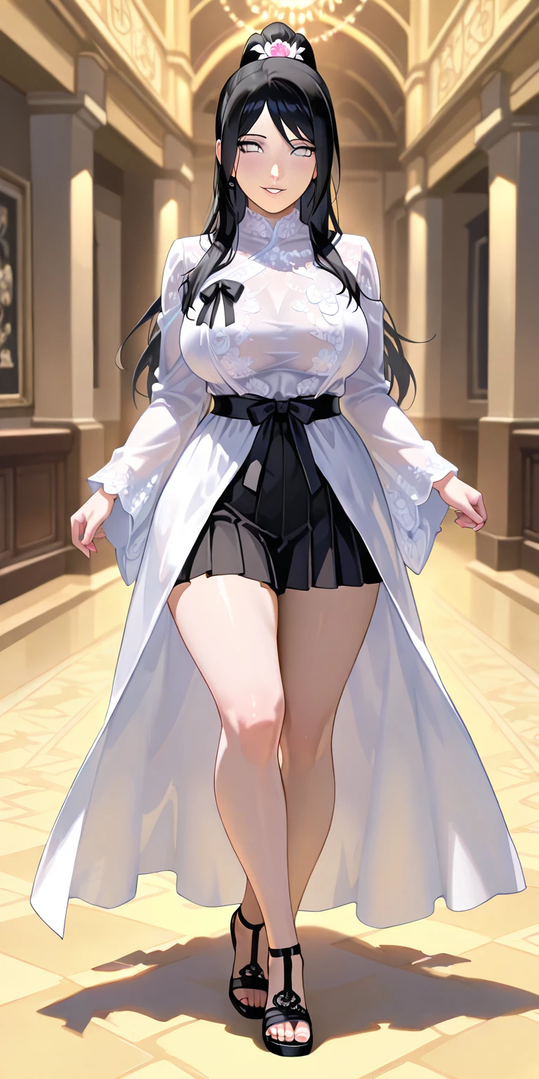 A beautiful girl, small face, a black white socks, seductive, ((forehead to show)), attractive, flat eyebrows, red coat, black hair, delicate, young, long hair, detailed face, high definition, full body, ninja, cute embarrassed smile, cafe, hands behind back, ponytail 