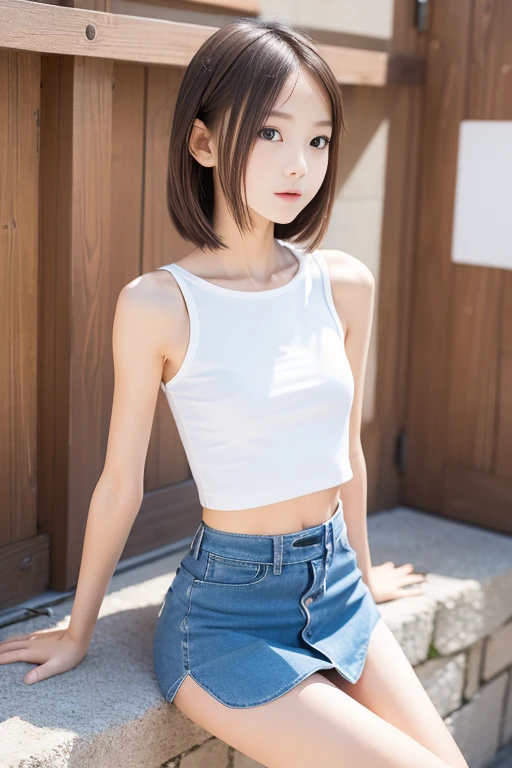 ((sfw: 1.4)), (( extra short hair, sidelocks-hair, 1Girl)),solo,((18 years old)), (wearing white tanktop:1.5),((short denim pants)) Ultra High Resolution, (Realistic:1.4), RAW Photo, Best Quality, (Photorealistic Stick), Focus, Soft Light, ,((Japanese)), (( (young face))), (surface), (depth of field), masterpiece, (realistic), , bangs,,()