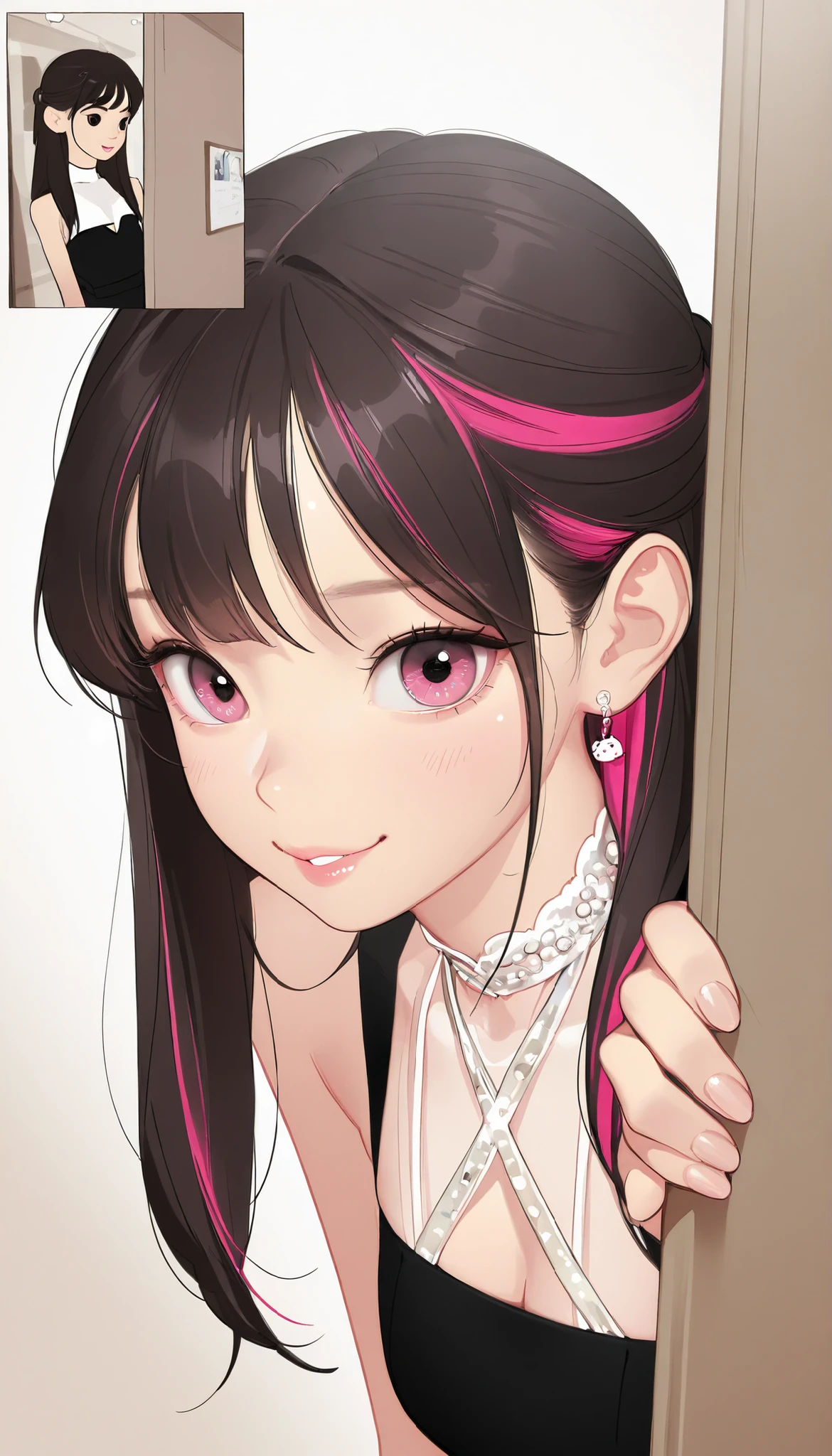 masterpiece、top quality、High precision in selection、high quality images、8k, 1 woman、perfect hands、 skin and clothing texture 、 beautiful eye expression 、Shiny latte-colored hair,long hair, Manga inspired by Lee Jong Suk, trending on deviantArt, realism, detailed anime-inspired style, cartoon style caught in a hole in the wall, Perfect Line Drawing , beautiful line art, Digital Manga Art Girl, K-pop idol, dress, beautiful pink eyes, See Her Puffy Lips, Refined and Beautiful Faces, (cute smile), charm, innocent, side map, (Perfectly Detailed Faces), () like pictures, descriptive border, half up hairstyle,