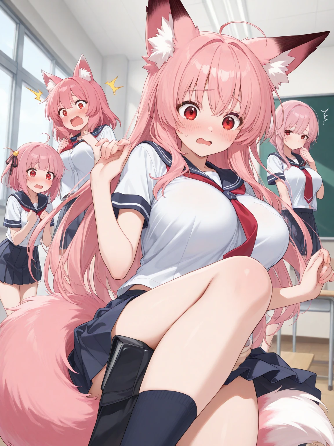 three naked pink hair fox ears slave girls wearing collar. meaowing pose, shackles in hands. Different hairstyles. spread legs. Open mouth in a happy embarrassed pleasure expression. Wet bodies. natural breasts, saliva trail, pubic hair, meowing, headdress, pinkish background