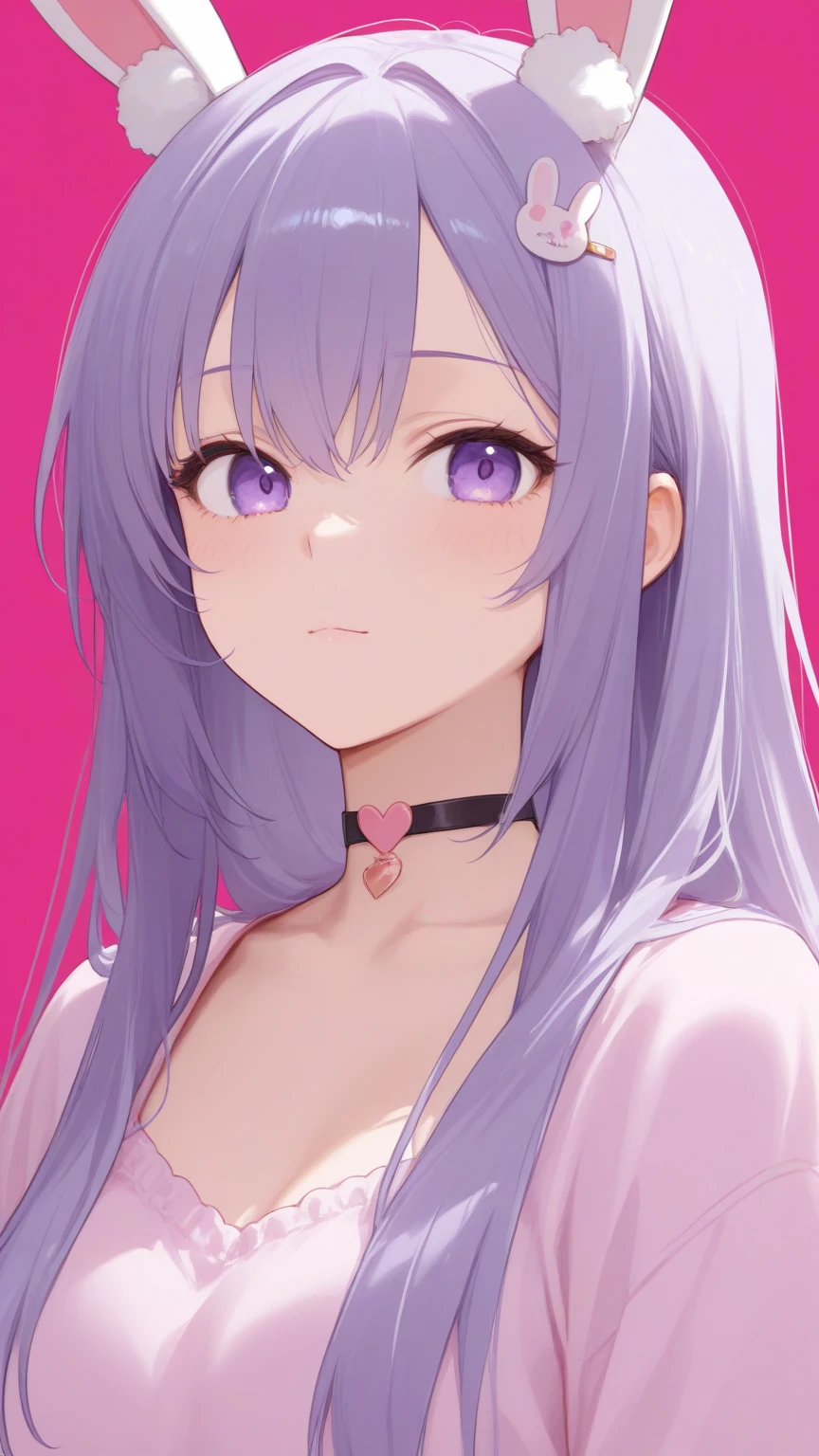 A beautiful girl with violet hair and magenta eyes and a black cornea on her left eye. Beautiful. Her breasts are big. Her clothes are black and her sleeves are white. She wears a bright blue gem necklace. Her hair covers her left eye. Has a bright blue gem on her forehead. Beautiful. There is only one gem on her necklace. Her hair covers part of her left eye. Anime ai. Her hair is long . Her hair covers her left eye. The gem on her forehead is in the middle and is bright blue.