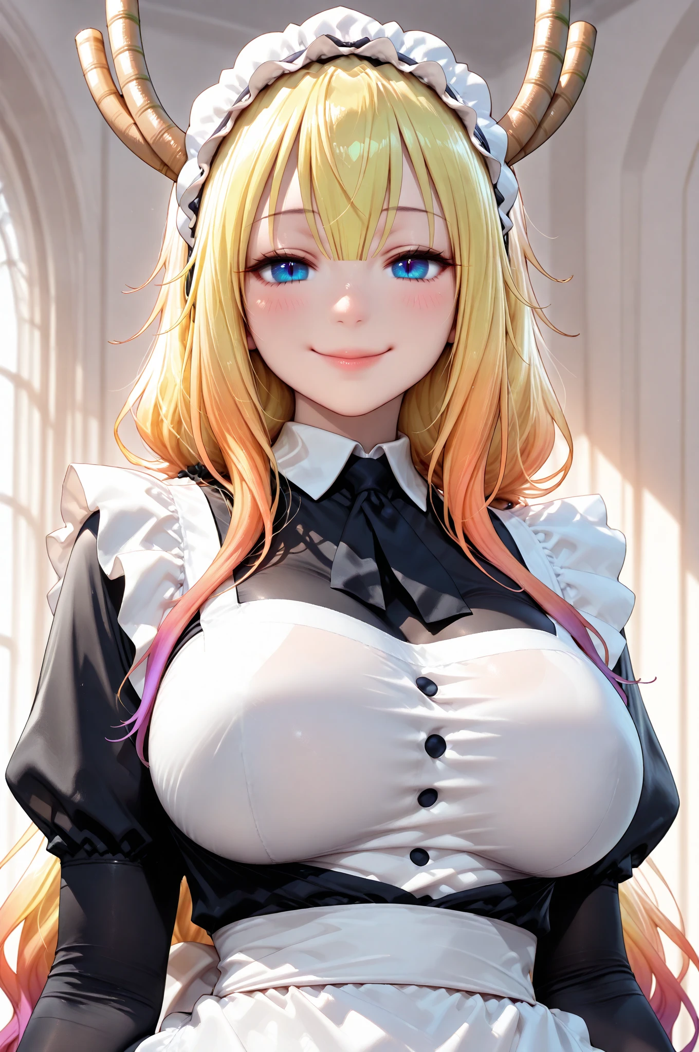 ((highest quality、High resolution、8K、masterpiece:1.3))、dynamic angle、wallpaper、1 girl、unparalleled beauty、ultimate beauty、super detailed face、delicate eyes、smile、sexy look、Depth of the bounds written、light particles、side light、((blonde、maid、maid服))、(((expression of ecstasy、Looks embarrassed、inviting sex、sexually seducing、POV、騎乗位でhaving sex、having sex、straddling、spread legs、Insert into、Creampie)))、perfect body、beautiful breasts、cleavage、exposed nipples、tits、Thighhighs、thighs、slim、slender