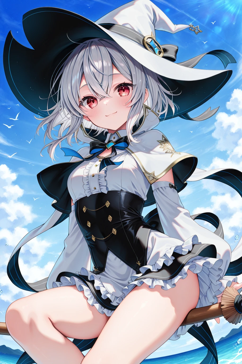 lyileina,bare shoulders ,white_collared shirt,yellow ribbon,witch hat,black robe,light smile,larger breats,best quality, panties showing,