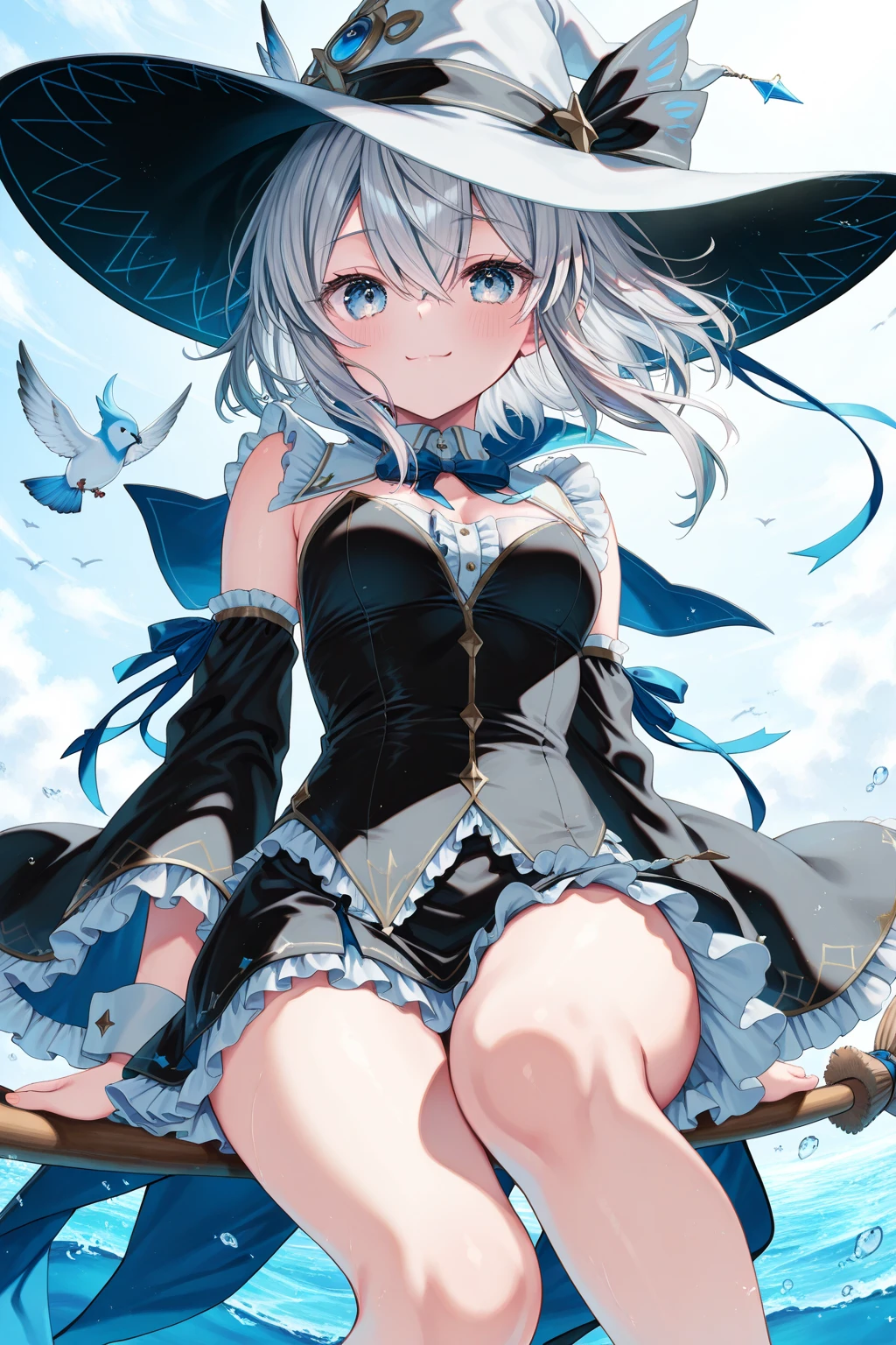 masterpiece, detailed, high quality, (absurdres), high sharpness, high resolution, millie, 1girl, solo, witch hat, blush, smile, small breasts, curvy, wide hips, groin, cameltoe, camisole, negligee, see-through, detached sleeves, on back, starry sky,