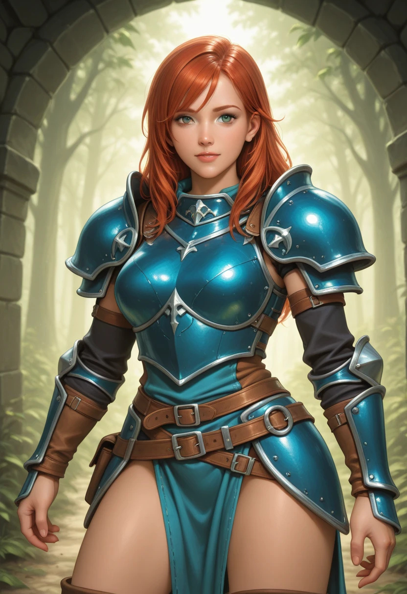 seductively exploring a medieval fantasy castle, revealing a highly detailed face and captivating eyes, dressed in provocative micro armor, visible navel, surrounded by vibrant and colorful scenery, rendered in stunning 4k quality.