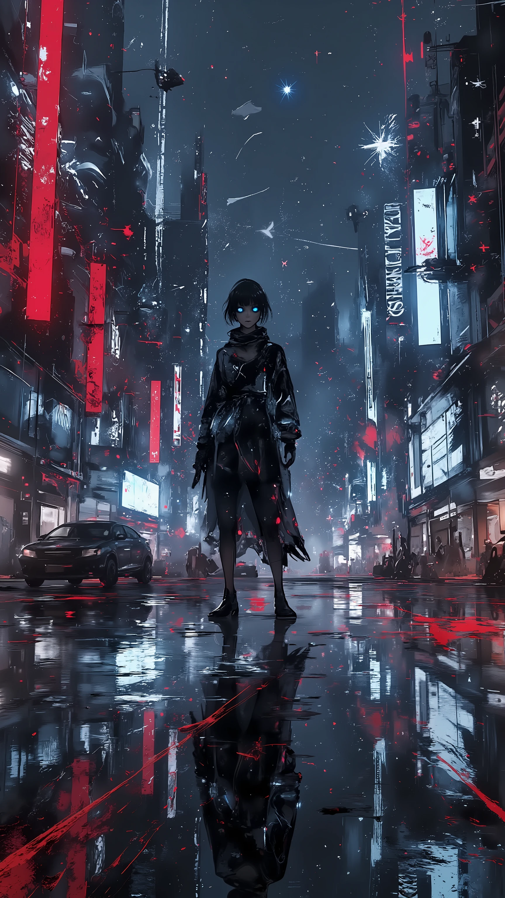 *(RAW-Foto), absurd, (absurd resolution), Meisterwerk, best quality, (Extremely detailed 8k Unity CG wallpaper), (beste Illustration), (bester Schatten), realistic lighting, beautiful detailed glow, figures and background highly detailed, ultra-realistisch, hyperdetailliert, fotorealistisch, breathtaking textures, cinematic coloring, weiches, natural light, subtile Schatten, highly detailed skin textures, realistic light reflections on skin and surfaces, finest details in hair, Kleidung und Umwelt, Futuristic scene , highly complex architecture, lebendige Farben, tiefe Perspektive, Clear depth of focus, realistic atmosphere, perfectly illuminated scene, impressive depth, HD-Details, ultra high resolution, photorealistic details, true-to-life shadows and light effects.*
**Szene-Beschreibung:**
Eine futuristische, ultra-realistic city at night. } In the foreground is a fascinating, highly detailed female figure: eine elegante, seductive AI partner, wearing futuristic holographic clothing, that constantly shimmers slightly and adapts to their movements. Ihre blauen, hypnotic eyes glow deep and realistic, the skin is flawless with subtle light reflections, hair strands are finely and true-to-life, with realistic light and shadow effects.
In the background there is an impressive skyline with glowing, futuristic skyscrapers, holographic billboards, flying vehicles and vivid city lights. The sky is full of sparkling stars, reflected in the glass facades of the buildings.
The floor is highly detailed, With reflective surfaces , that reflect the light of the city, und kleinen, futuristic details such as holographic projections and glowing Linien, that make the scene look dynamic and lively.
