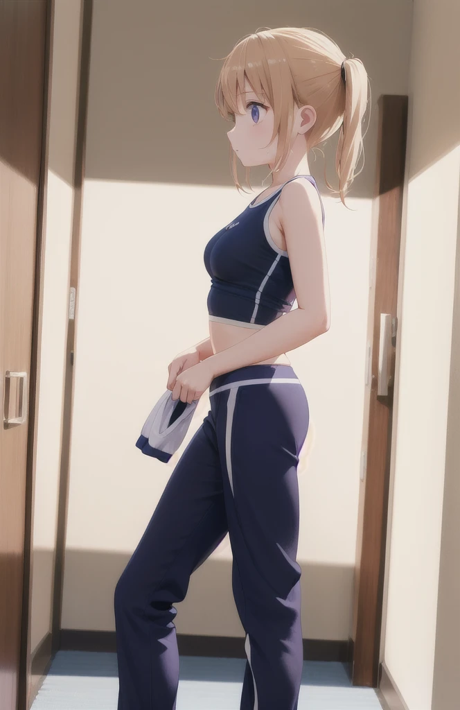 Long pale cream hair，Double Twin Tail、(Sweaty skin)、 (Highest quality, 8K, 32k, masterpiece, Ultra-high resolution:1.2)、Wet clothes、((See-through))、blush、((I am an 11 year old girl)),((((Sweat)))),((From Adobe)),Tank top,Short leggings,Fitness,training、(running)、Thighs