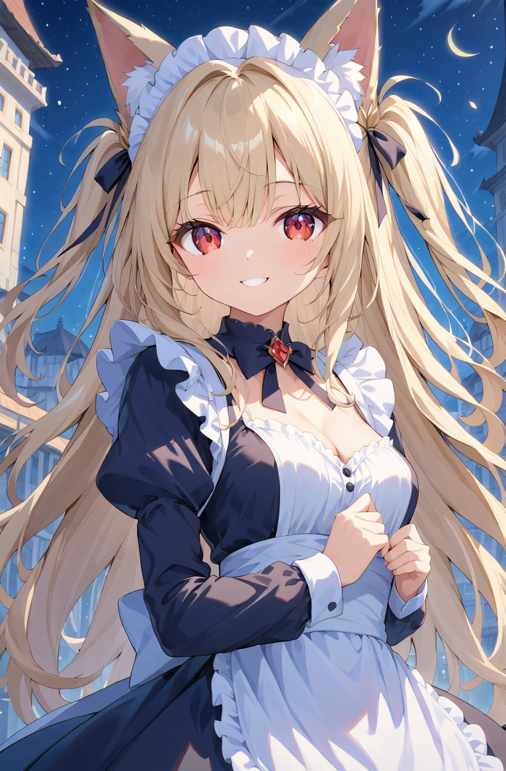 ((masterpiece)),(best quality),official art,extremely detailed CG,unity 8k wallpaper,ultra detailed,beautiful detailed eyes,extremely detailed face,1girl,solo,upper body,(portrait:1.5),looking at viewer,facing viewer,smile,Komari Yui,blonde hair,very long hair,double bun,hair flower,hair ornament,frills,maid headdress,sidelocks,bangs,blue eyes,maid,black bow,puffy detached sleeves,long sleeves,cleavage,small breasts,skirt,zettai ryouiki,black thighhighs,loafers,<lora:Komari Yui(ksak)-remake>,