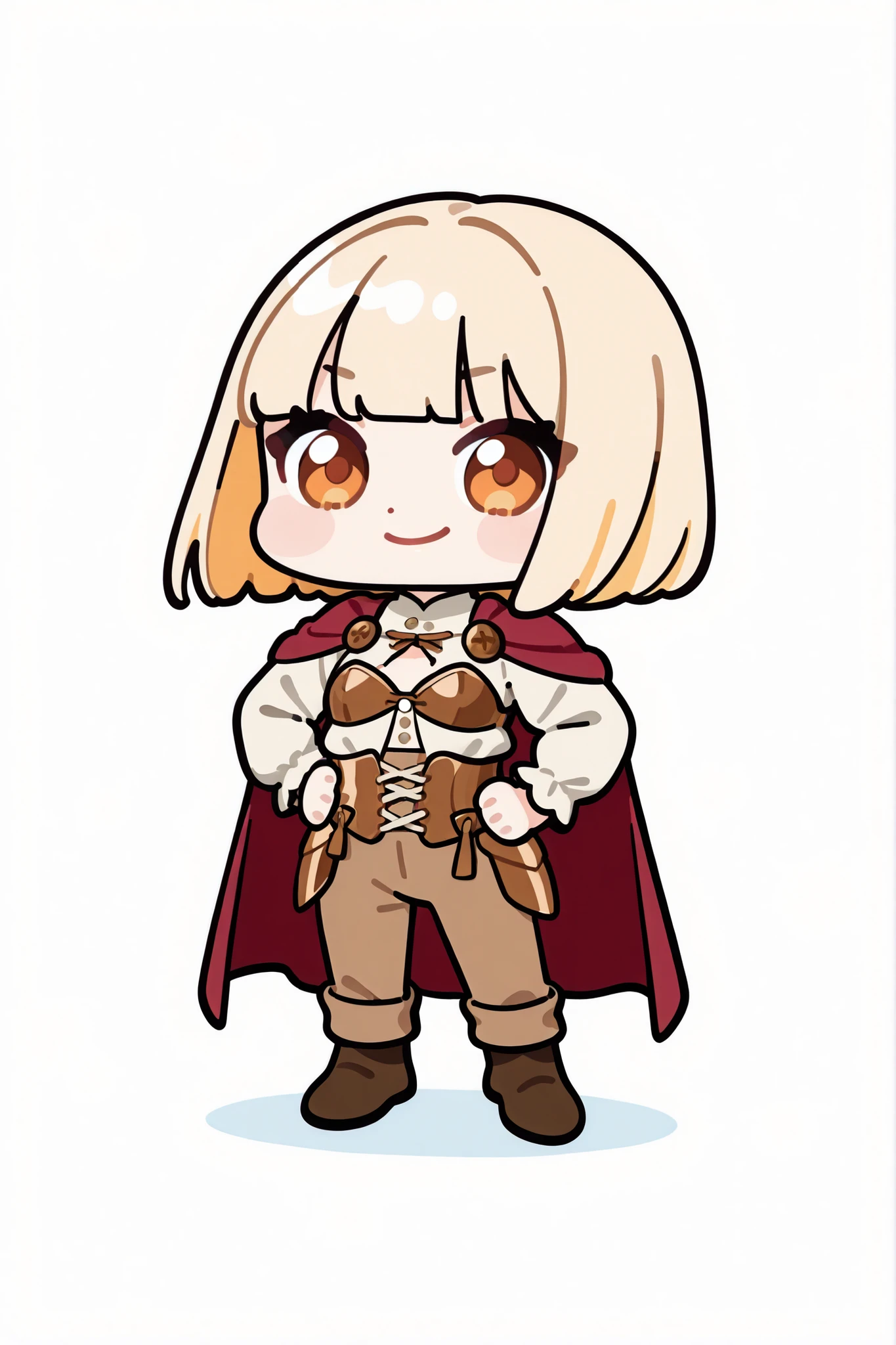 (chibi, kenbis, kawaii style, high quality, detailed, white background, wearing rouge medieval leather hide armor with beige button-up blouse, brown trousers and red cape), masterpiece, best quality, amazing quality, highres, full body shot, BREAK 1girl, sunkissed skin, slim, amber eyes, ruffled bob cut blonde hair, smiling