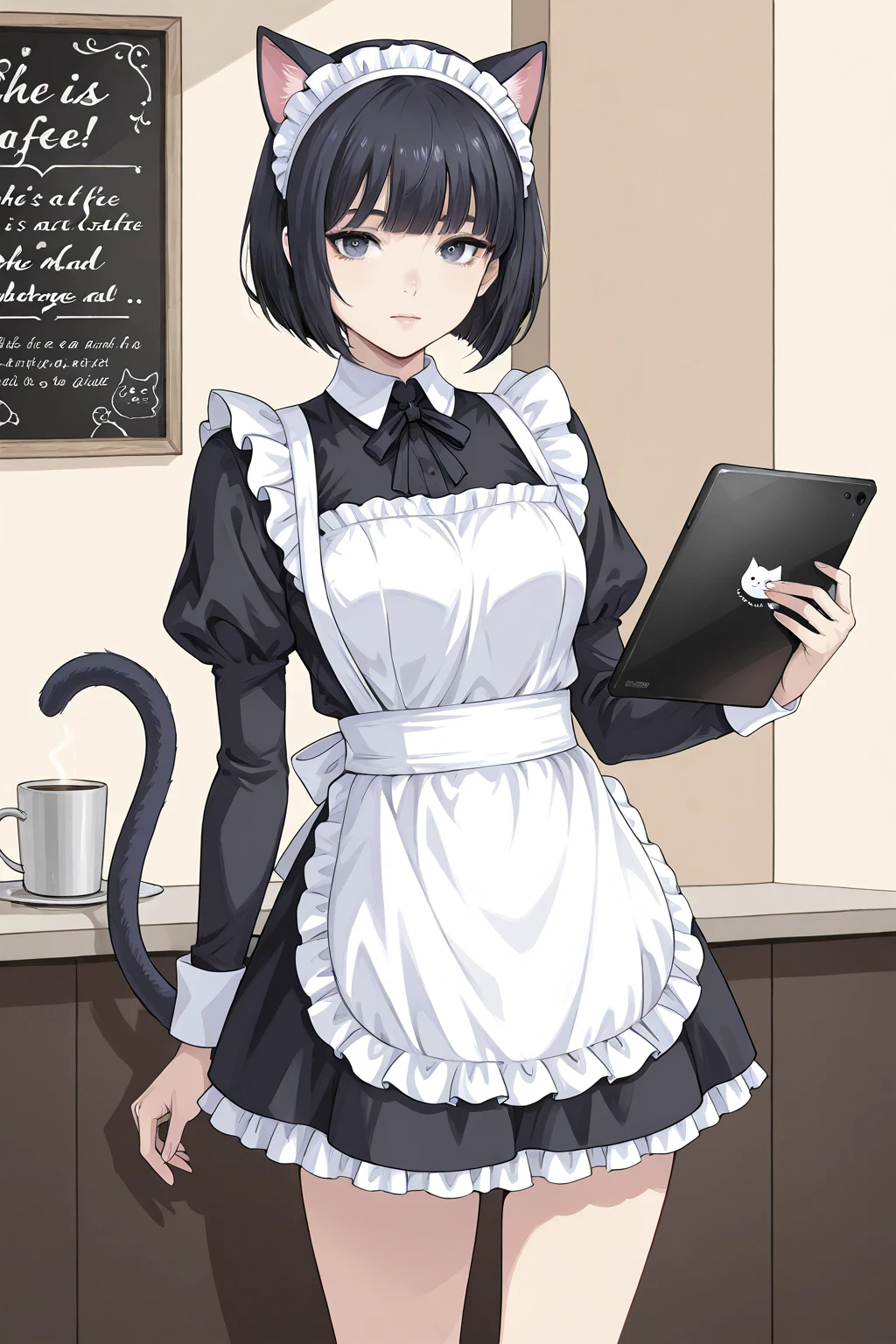 one woman standing、mayahell,black hair,dark eyes,bob cut,she has a cat-ear headband on her head、she is wearing a maid outfit、She's wearing a cat's tail、she has a tablet in her hand、cafe、night、Cats are all over the place、