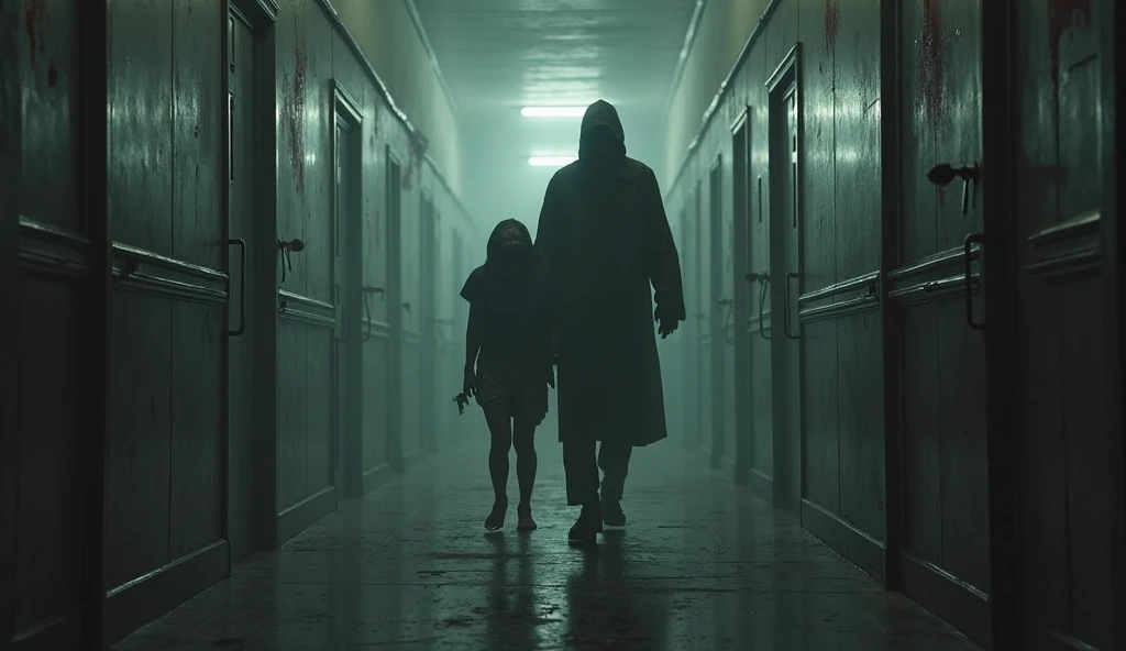 Create an image of the ghost of a with wet clothes, standing in a hospital corridor. The child's expression is malevolent and terrifying, and there is an eerie aura surrounding their body. The hospital corridor is dimly lit, with flickering lights casting unsettling shadows. The overall mood of the image should evoke fear and dread, capturing the essence of a horror movie scene