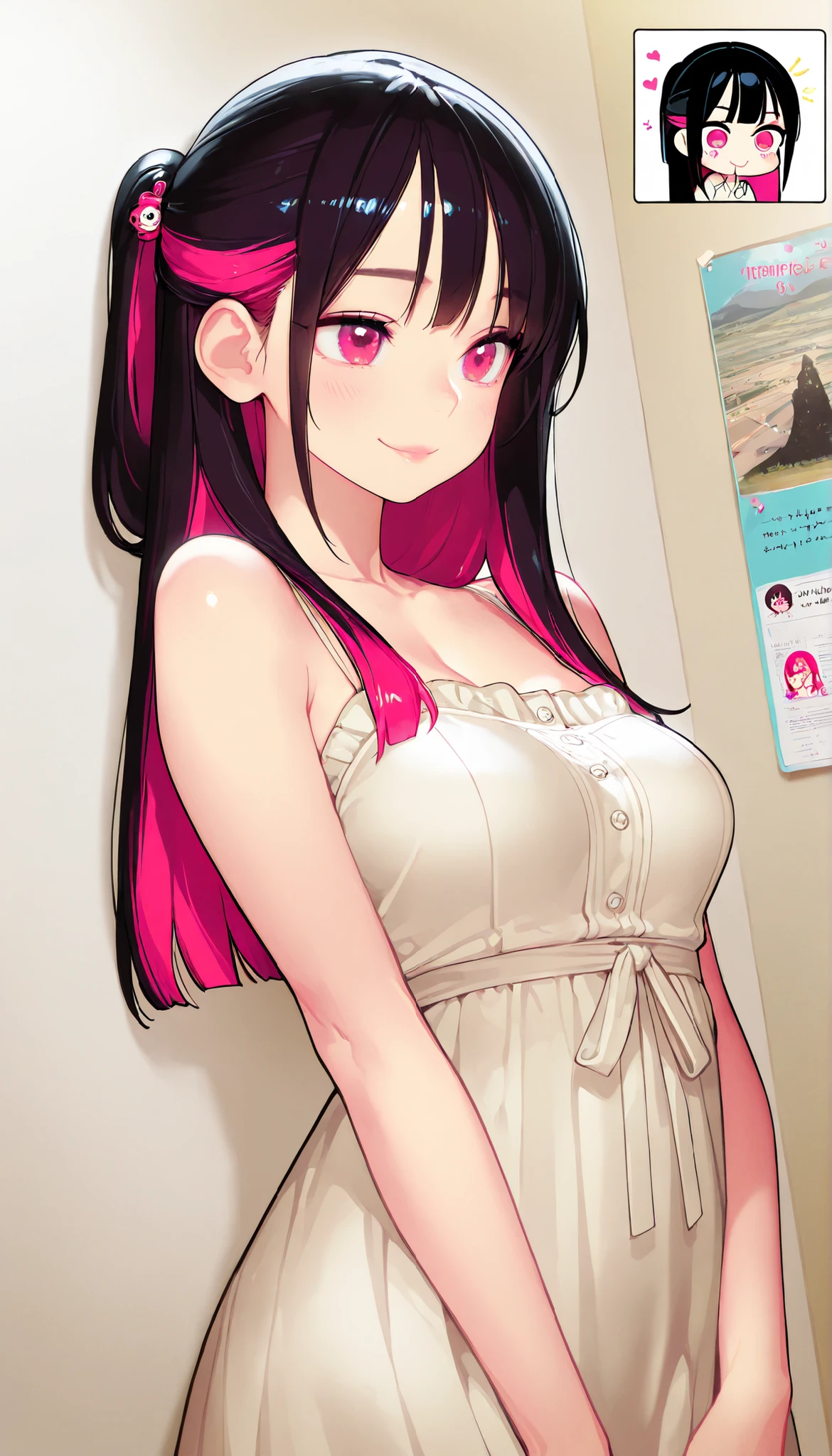 masterpiece、top quality、High precision in selection、high quality images、8k, 1 woman、perfect hands、 skin and clothing texture 、 beautiful eye expression 、Shiny latte-colored hair,long hair, Manga inspired by Lee Jong Suk, trending on deviantArt, realism, detailed anime-inspired style, cartoon style caught in a hole in the wall, Perfect Line Drawing , beautiful line art, Digital Manga Art Girl, K-pop idol, dress, beautiful pink eyes, See Her Puffy Lips, Refined and Beautiful Faces, (cute smile), charm, innocent, side map, (Perfectly Detailed Faces), () like pictures, descriptive border, half up hairstyle,