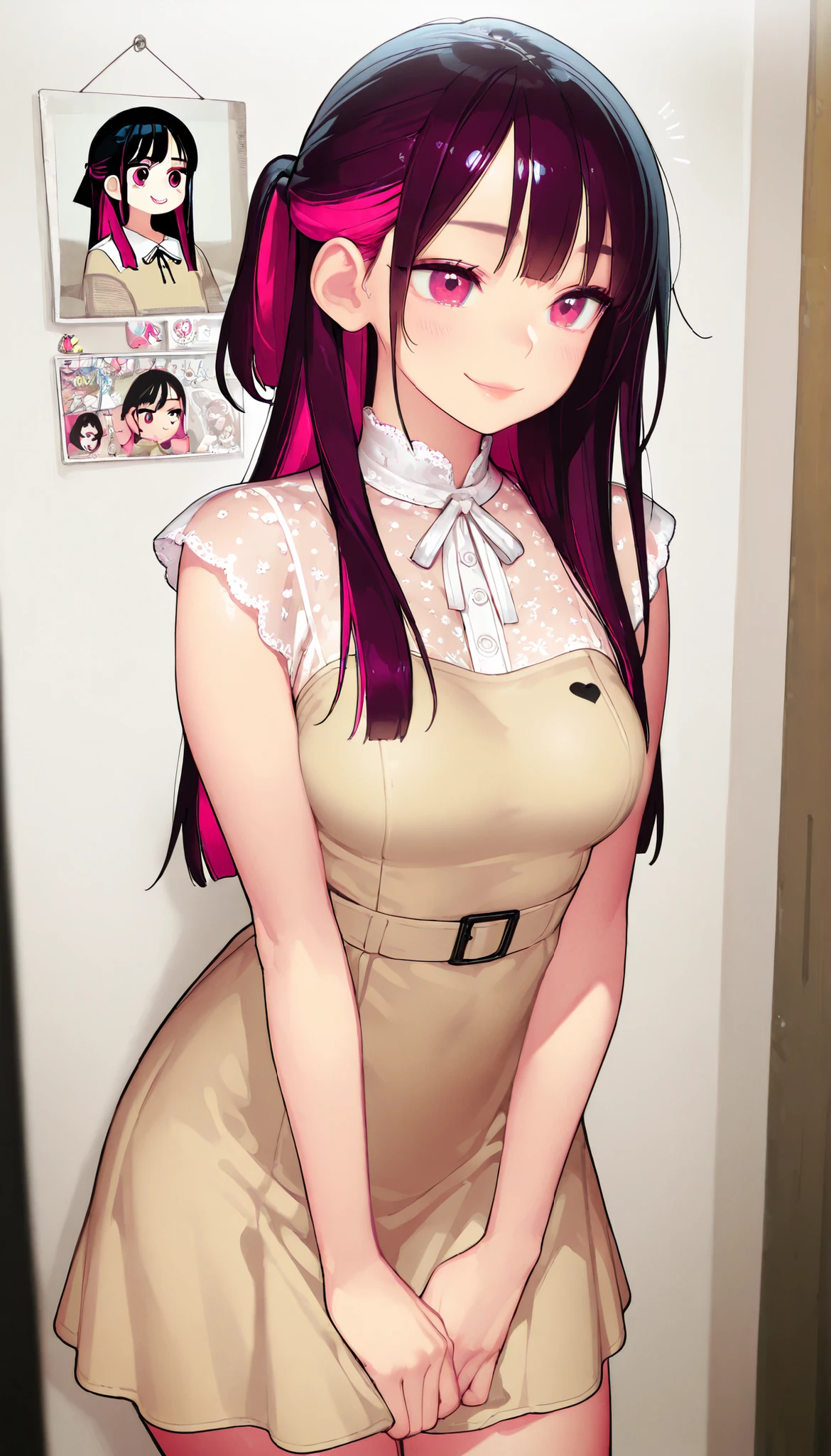 masterpiece、top quality、High precision in selection、high quality images、8k, 1 woman、perfect hands、 skin and clothing texture 、 beautiful eye expression  、Shiny latte-colored hair,long hair, Manga inspired by Lee Jong Suk, trending on deviantArt, realism, detailed anime-inspired style, cartoon style caught in a hole in the wall,  Perfect Line Drawing , beautiful line art,  Digital Manga Art Girl, K-pop idol, dress, beautiful pink eyes,  See Her Puffy Lips, Refined and Beautiful Faces, (cute smile), charm, innocent, side map, (Perfectly Detailed Faces), () like pictures, descriptive border, half up hairstyle, 