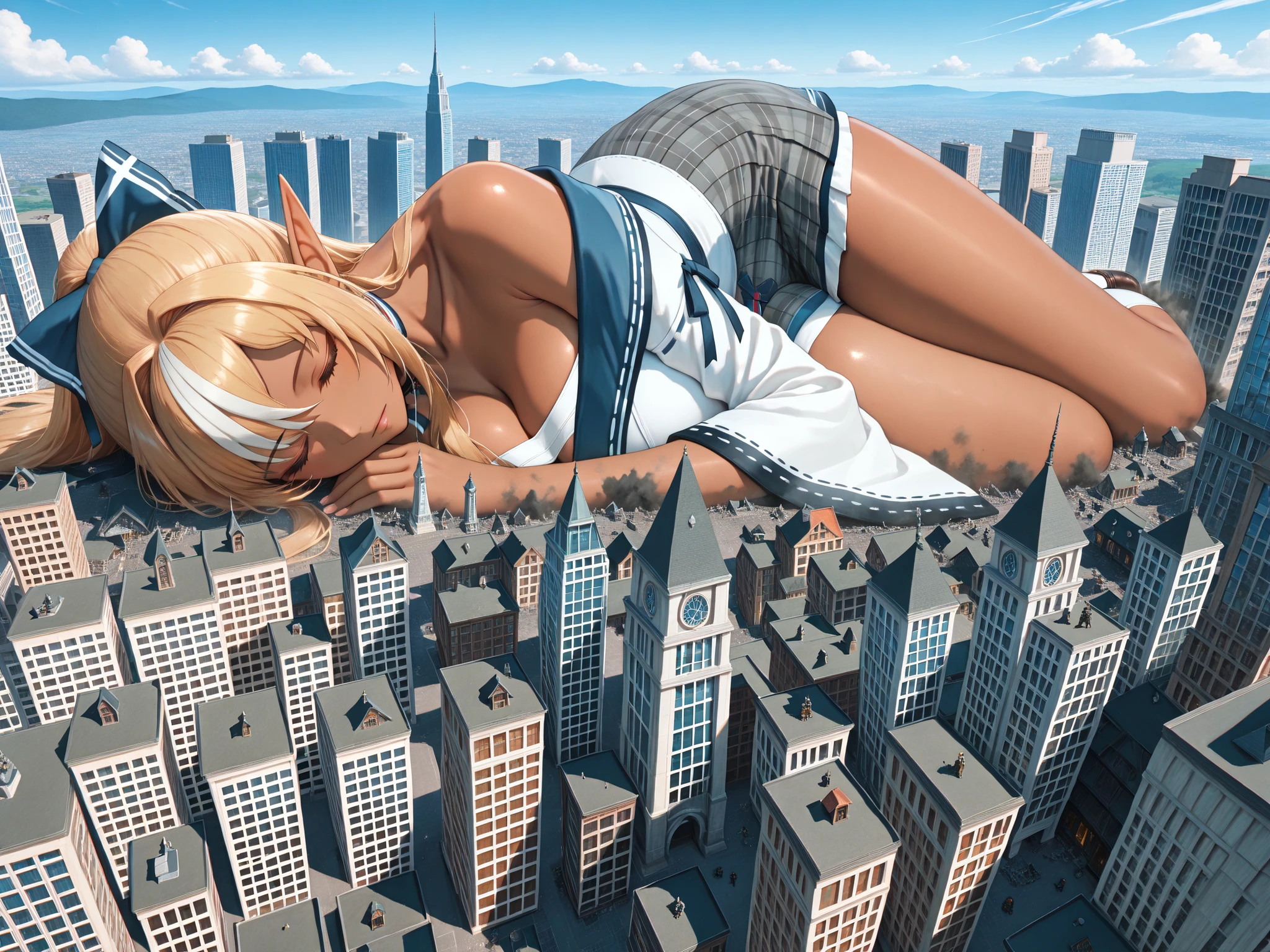 masterpiece, best quality, great quality, very detailed,"Shiranui Flare " are sleeping in each other's arms, The gigantic "Shiranui Flare" towering higher than any building, Miniature cities, ruined miniature cities,Densely packed buildings,
Clearly visible nasal cavity, Destroying buildings: "Shiranui Flare"