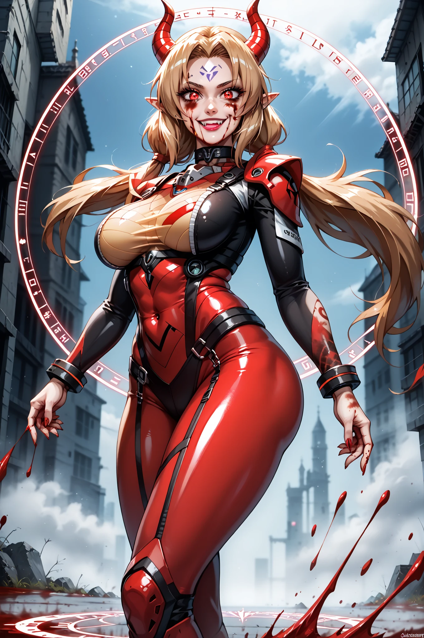 (masterpiece, best quality, ultra detailed, absurdres)1.5, 1girl, (sexy, beautiful woman, perfect face, perfect eyes, perfect female body)1.5, (AliciaViewstream, wavy hair, long hair, blonde hair, red eyes, mature female, milf, v-shaped eyebrows, red lips, extremely detailed clothes, smile, red elbow gloves, red thigh boots, red impossible clothes, ), space station should be very detailed，depth of fields。Create depth with atmospheric lighting，wide wide shot。Use atmospheric and volumetric lighting to enhance space station detail。illuminated by neon lights,  textured colored background, Colourful, vibrant, cyber outfit, Futuristic, ((Award-winning ultra-realistic photos))，（Hyper-detailing），（Complicated details），（High resolution CGI artwork 8k），standing,