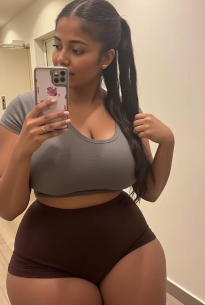 Chubby filipina wearing shorts doing selfie in front of the bathroom mirror