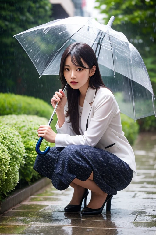 (photorealism:1.2), Japanese woman, 35 years old, it is raining, she is not looking at camera, some spots on the face, not putting on make-up, swimming in the river water,  wearing business suits and high heel shoes, her cloths and shoes are completely wet,black long straight, outdoors, soft lighting, relaxed pose, realistic, intricate details, cool colors, some distance from Camera