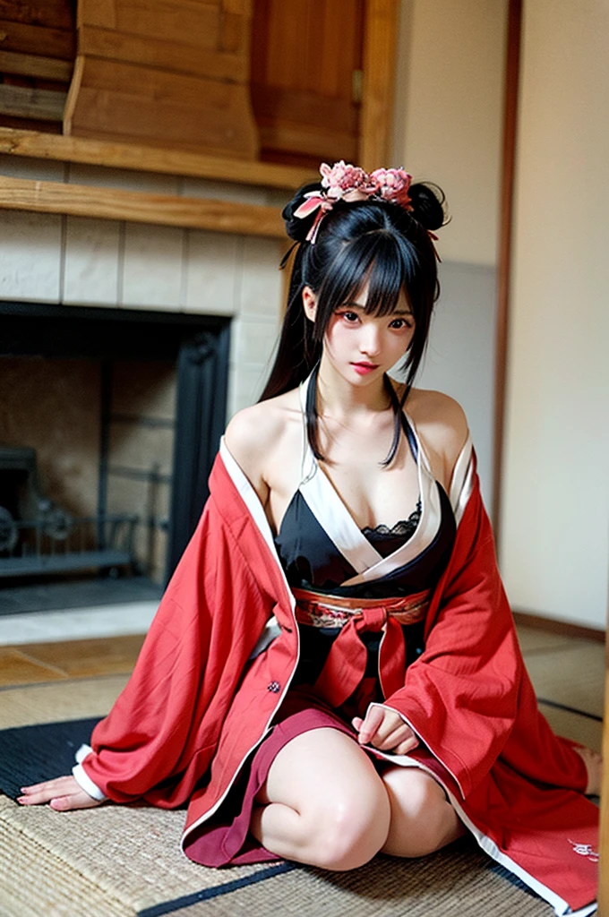 black hair,,1girl,thighhighs,japanese clothes,solo,long hair,mask,red kimono,kimono,taihou \(azur lane\),bare shoulders,wide sleeves,skirt,black thighhighs,sash,off shoulder,cleavage,mask on head, best quality,masterpiece,illustration,an extremely delicate and beautiful,CG,unity,8k wallpaper,Amazing,finely detail,masterpiece,official art,extremely detailed CG unity 8k wallpaper,incredibly absurdres,huge filesize,ultra-detailed,highres,extremely detailed,beautiful detailed girl