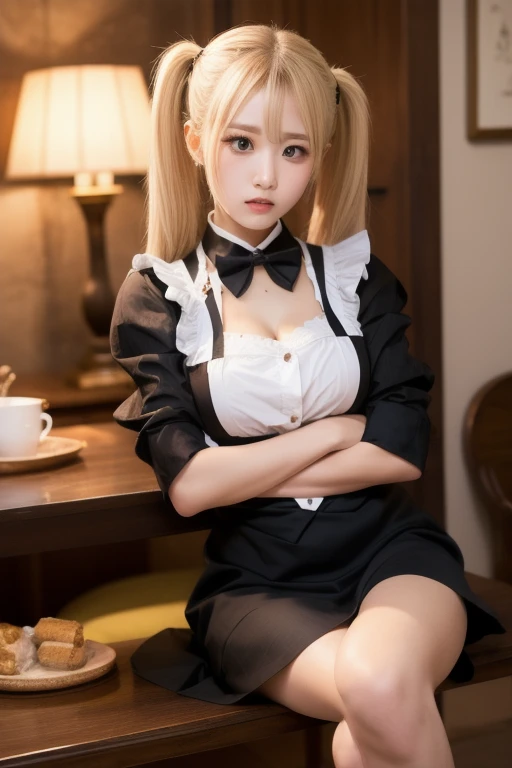 Cute american waitress bending over table, no clothing