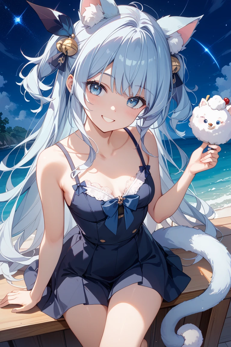 ((masterpiece)),(((best quality))), 1woman, female, fantasy magical outfit, Scandinavian, cute bob-cut hair, white hair, blue eyes, short skimpy clothes, white and blue sleeveless top, keyhole in top exposing breasts, exposed bare stomach, white and blue iridescent skirt with blue bow, brown winter boots topped with white fur, loose sleeves with golden cuff, blue night sky cape topped with white fur, blue gems, happy, woman is hugging a plush white wolf, lounging, cuddling the plush, very happy, icy background