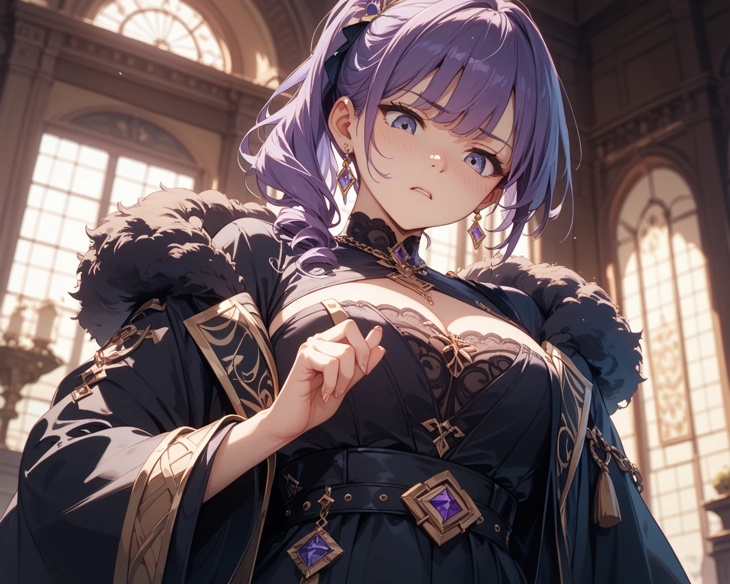 1girl,purple ponytail hair,green eyes,large breasts,aquamarine brooch,victorian dress
