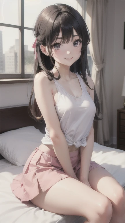 One girl,(((Wearing white cotton panties))),(((On the bed, spread your legs and raise your thighs))),big eyes,((Short hair with pigtails)),Wearing white knee socks,Girl is facing the front,Suite Room,Excited,The chest is a little small,Black brown hair,Wearing a pink ribbon,Baby Face,She is looking at me shyly, but her mouth is smiling.,Pink eyes,