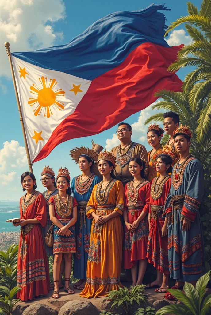 Filipinos slogan wearing their many cultures clothes, Philippine flag, eagle, language, meaningful, creative 