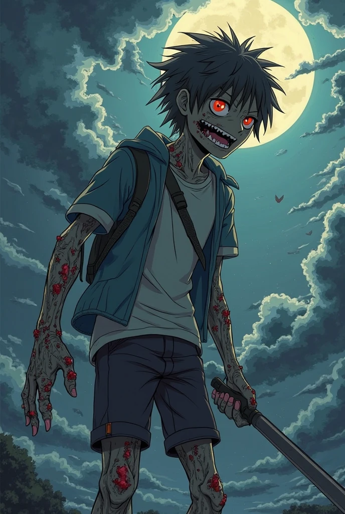 best quality, masterpiece, highres, detailed, digital artwork, <lora:Detail - add_detail:0.2>, ZombieCh, rotten flesh, torn clothes, <lyco:ZombieCh:1.0>, city ruins, zombie, colored skin, open mouth, empty eyes, multiple scars, <lora:Character - AshOG:0.7>, OGAshK, spiked hair, black hair, brown eyes, jacket, cartoon, 1boy,