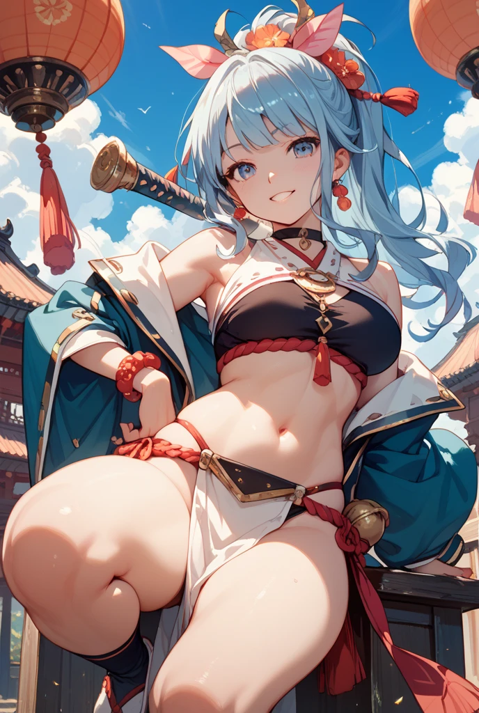 Creamy white hair，Fuzzy clothes，Hairy lute，Blue and white color scheme，Cute as the Jade Rabbit Elf，Precision and flexibility，white  panties，Beautiful appearance，It's a sweet girl