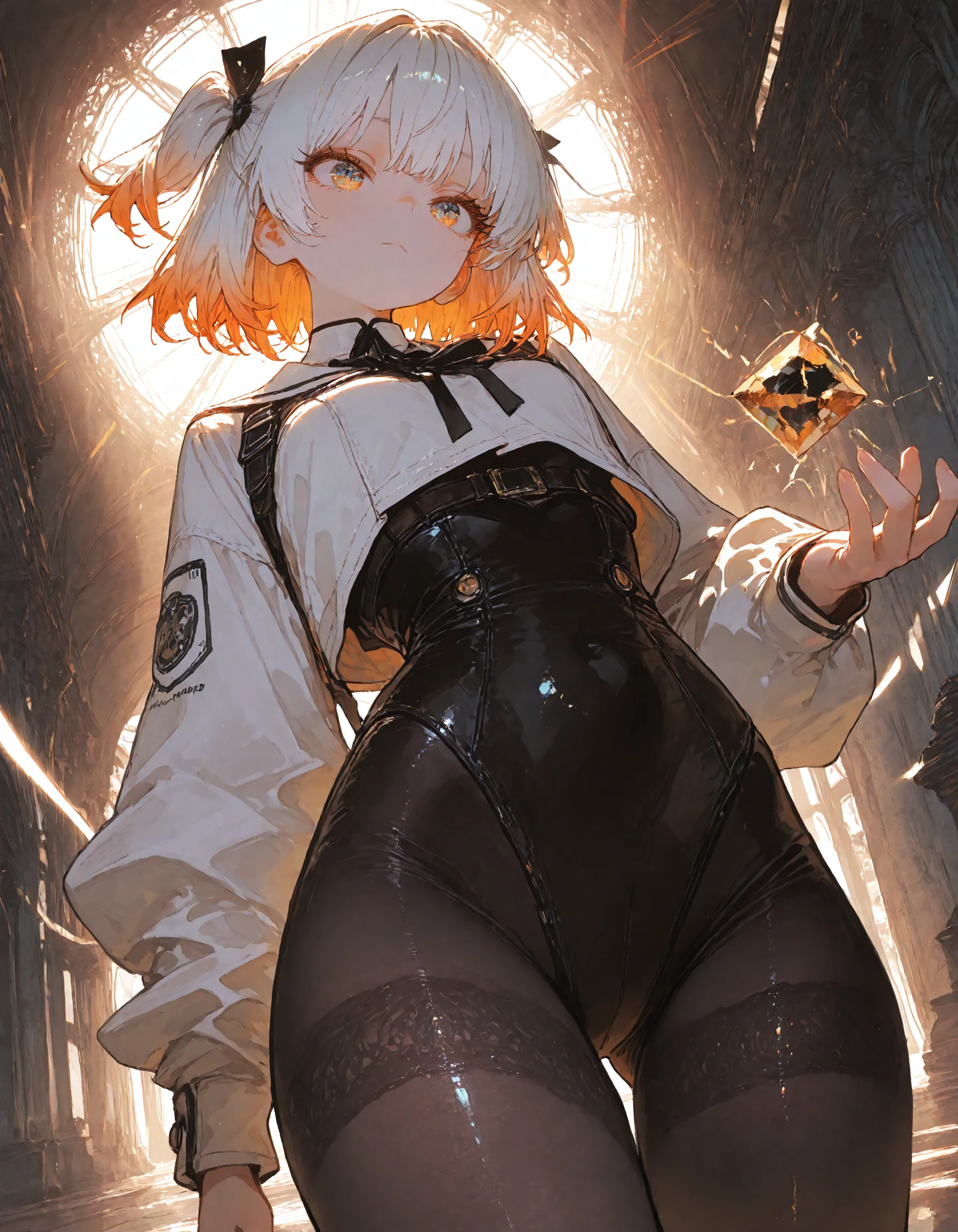 Beautiful, (masterpiece), (top quality), perfect eyes, perfect face, perfect light, one woman, multicolored hair, (white hair with light red tips), big round eyes, light red eyes, (slim), bright white skin, narrow shoulders, large chest, large hips, big full thighs, slender beautiful legs, short bob hair with see-through bangs, wearing a black collar, white t-shirt, black shoulder strap, gray leather belt with a gold buckle, short black skirt, long black stockings, shiny black high-heeled boots, adorned with a four-pointed gold star hairpin, plain background.