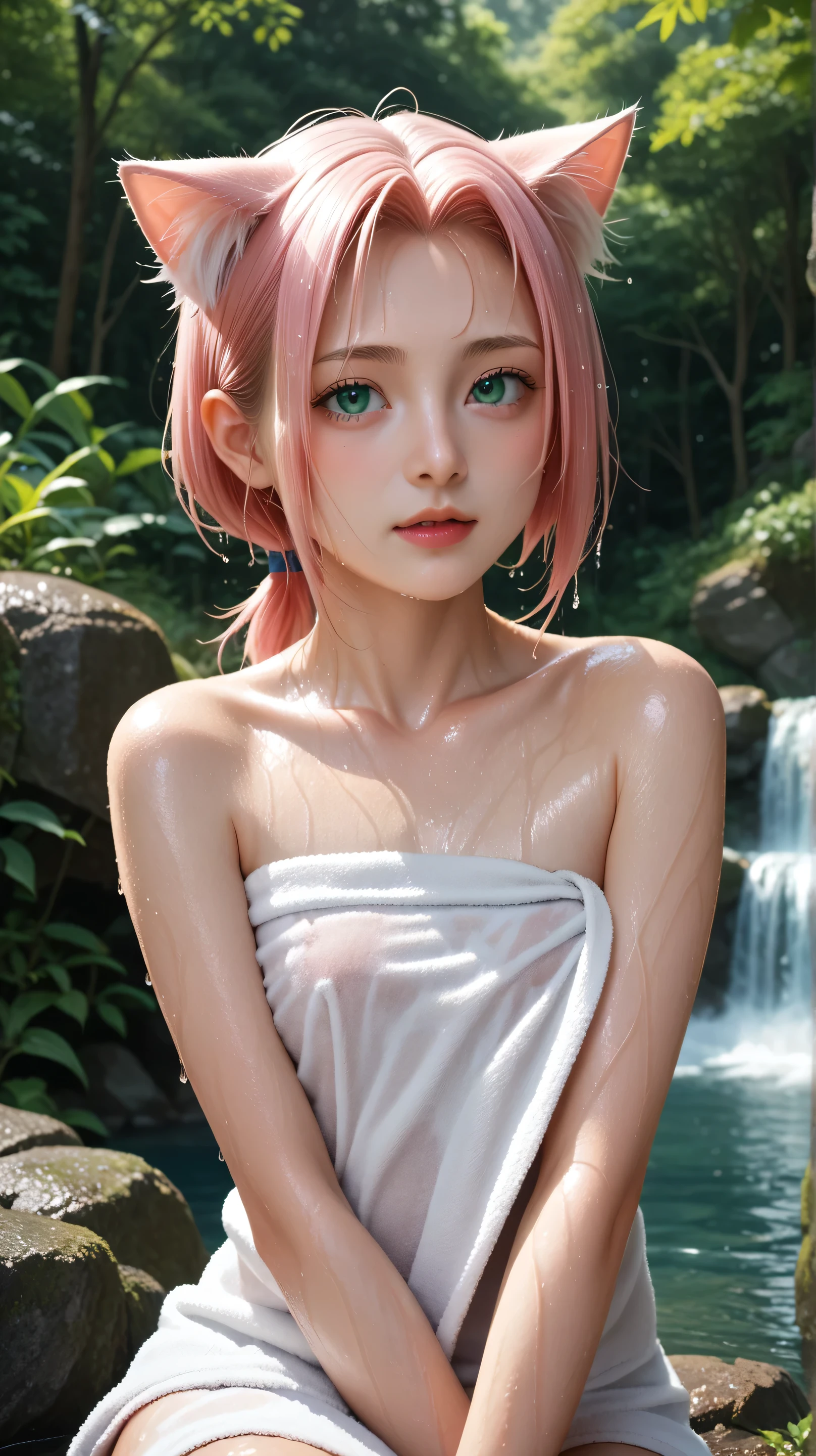 1girl, solo,haruno sakura,emerald eyes,pink hair,short hair,outdoors,potrait,low ponytail,(wear towel:1.4),waterfall background,forest, sitting uder waterfall,flat chest,small breast,(wet body:1.5),(cat ears:1.5),close up