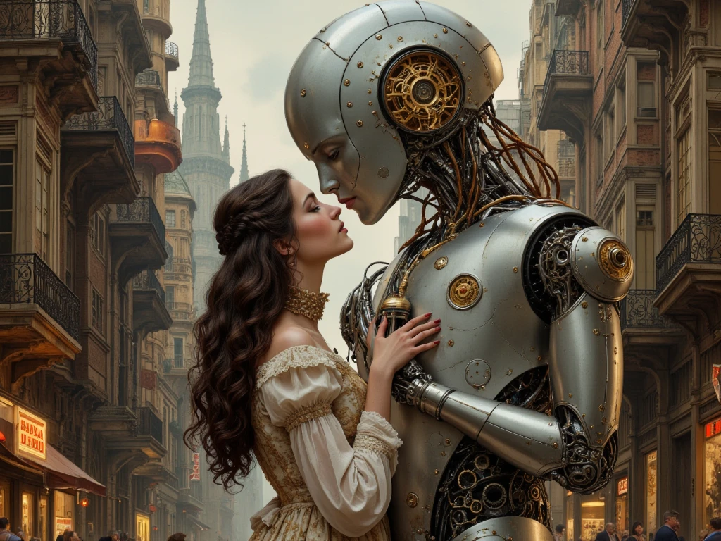 a cyborg man and a steam punk witch fashion editorial photography of kissing,eye-level shot,natural lighting,clear focus,indoor,neoclassicism,rule of thirds,Split-Complementary color palette,Analogous color palette  winking,(fisheyes view:1.3),shot on Sigma fp with Sigma 45mm f-2.8 DG DN,photo by Karl Blossfeldt 