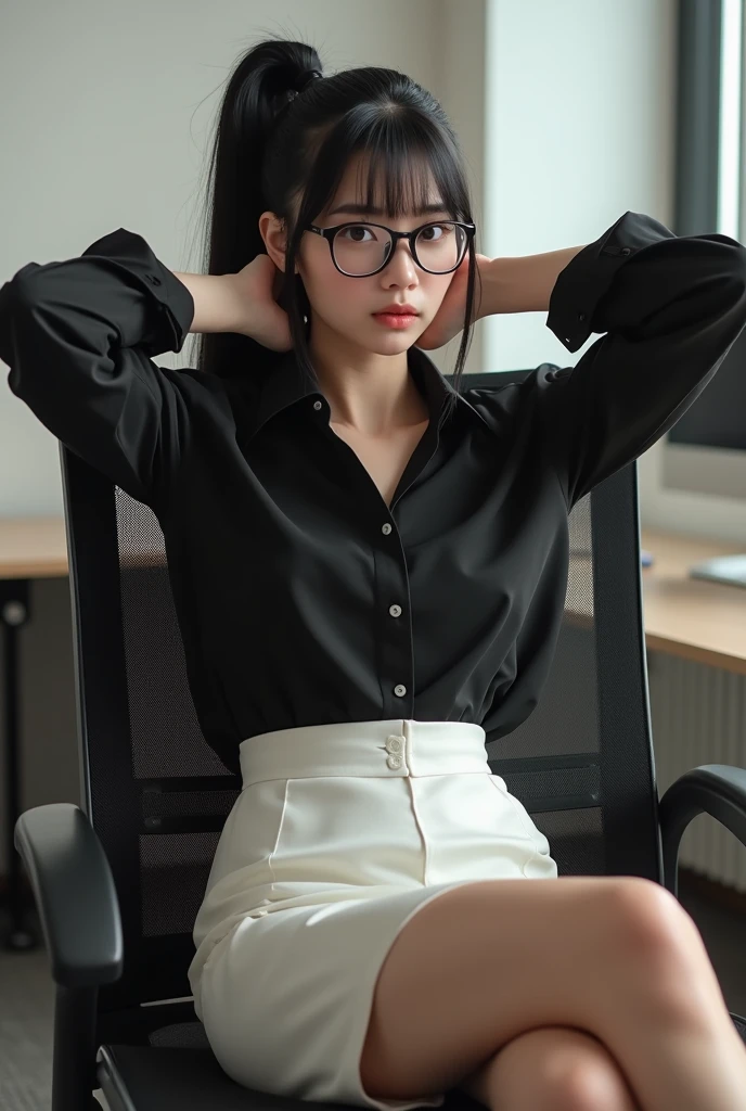 ((((8k))),((Extremely meticulous CG)) ,(wallpaper),16k,((Extremely refined and beautiful))，(((Masterpiece))),(((best qualtiy))),(((Ultra High Resolution))),beautiful light up,Perfect lightning,realistic shaded,[A high resolution],(Smooth and flawless fair skin:1.5),(pale skin:1.3),Extremely exquisite facial details,(perfect body:1.1),ultra-detailed,A beautiful girl,solo,small head,(short ponytail:1.1),(black hair:1.2),small face,Exquisite makeup,(glasses:1.2),(small breasts:1.1),flat chests,slim,thin,((Frown, angry)),(collared long sleeve White shirt:1.3),(slender legs:1.3),(see through pantyhose:1.3),(spread legs apart:1.3),(high heels:1.2),(day scene:1.5),(detailed background:1.5),(Sitting on a chair behind a computer desk:1.3),(a coffee cup on the table:1.3),(In the office:1.3),(full body:1.3),(from front:1.3),