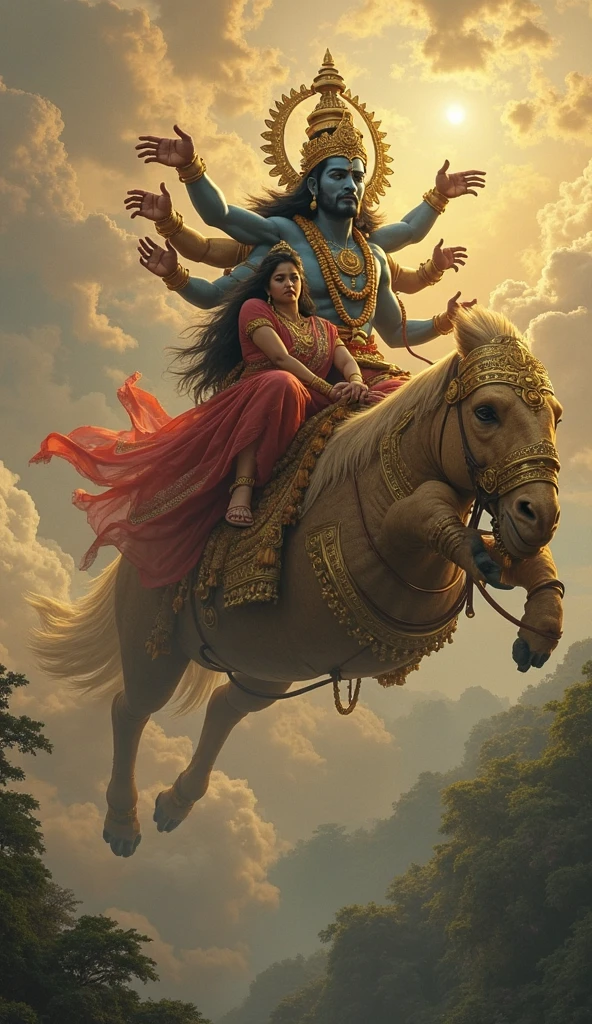Ravana carrying Sita in his flying chariot across a mystical landscape. Ravana should be shown with multiple heads and arms, and Sita should appear fearful. The background should feature an ancient forest and dramatic skies, with intricate details reflecting traditional Indian art."*