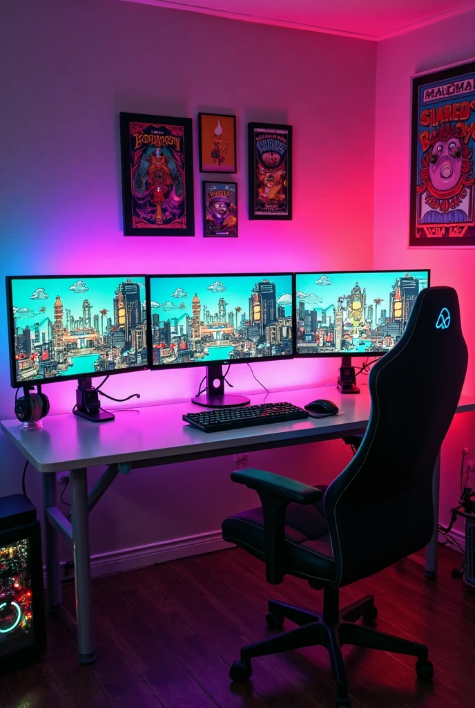 a dimly lit gaming room with multiple monitors and a gaming chair, gaming room, cyberpunk setting, dark setup, gamer themed, gaming room in 2 0 4 0, gamer aesthetic, gamer screen on metallic desk, 8 k wide shot, in a cyberpunk themed room, thicc build, purple and cyan lighting, satisfying cable management, cyberpunk vibe