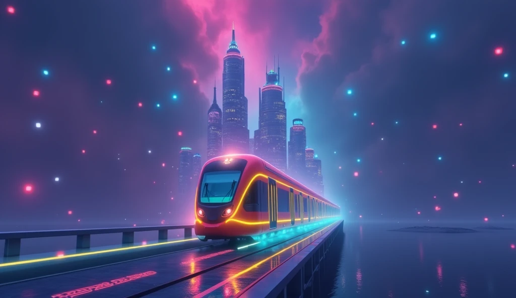 Rainbow colored linear motor car、Linear motor car running on rainbow-colored tracks，colorful，Beautiful views，wonderful景色，Utopia，An atmosphere full of dreams and hope，masterpiece． 16K, Ultra-high resolution, Ultra-high resolution, to be born,wonderful ,future、Iridescent、The world 30 years from now。