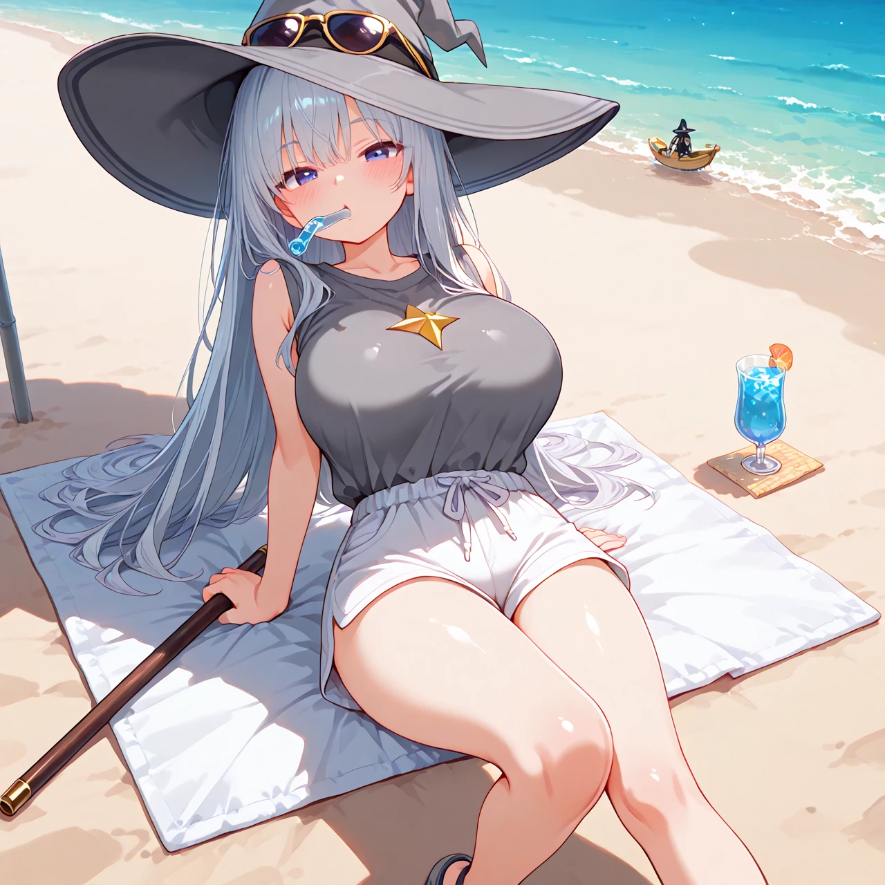 A woman wearing a white bikini, big breasts, long white hair, wearing a beach hat, blue eyes, beautiful sea, sun emitting light, smiling, on a beach drinking coke, work of art, ultra resolution, 4k.