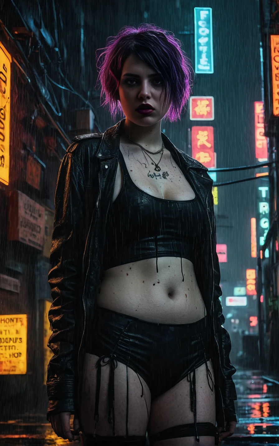 (cinematic, 8k, best quality, masterpiece: 1.2), (realistic, photo-realistic: 1.37), ultra-detailed, soft light, best quality, ultra highres, raw photo in HDR, sharp focus, intricate texture, skin imperfections, 1 girl, cute, solo, raw photo, Rebecca a robotic girl with green hair, pink tattoo on neck and belly, crazy face with rage, wearing a black jacket with yellow details, 19yo, camel fingers, slim body, warm body, shiny skin, realistic textures, reflected lighting, volumetric lighting. Background a cyberpunk city at night, neon lighting.