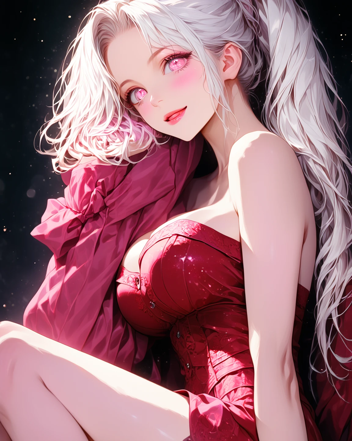 (masterpiece, Best Quality), intricate details, realist, photorealist, Full Body Portrait, Instagram Photo of a woman wearing aretes, Mary R., inspired by Emma Andijewska, wrapped in crystals,(masterpiece:1.3), (Best Quality:1.3), (Ultra-detailed:1.2), ((kawaii)), Cute, (lovely), ((sexy)), ((Extremely detailed)), 4K, (8K), Best Quality, (Beautiful), Illustration, anime style, (bold line:1.2), Gradation,(best quality, ultra-detailed, photorealistic: 1.39), bright and vibrant colors, studio lighting, (Perfect eyes:1.2), (Perfect iris:1.2), romantic kawaii expression, cute delicate smile, kawaii makeup, 17-year-old e-girl, short red dress, platinum braided and curl white hair, cat ears, big breasts, fit, long wavy hair, mercenary, Mary R.