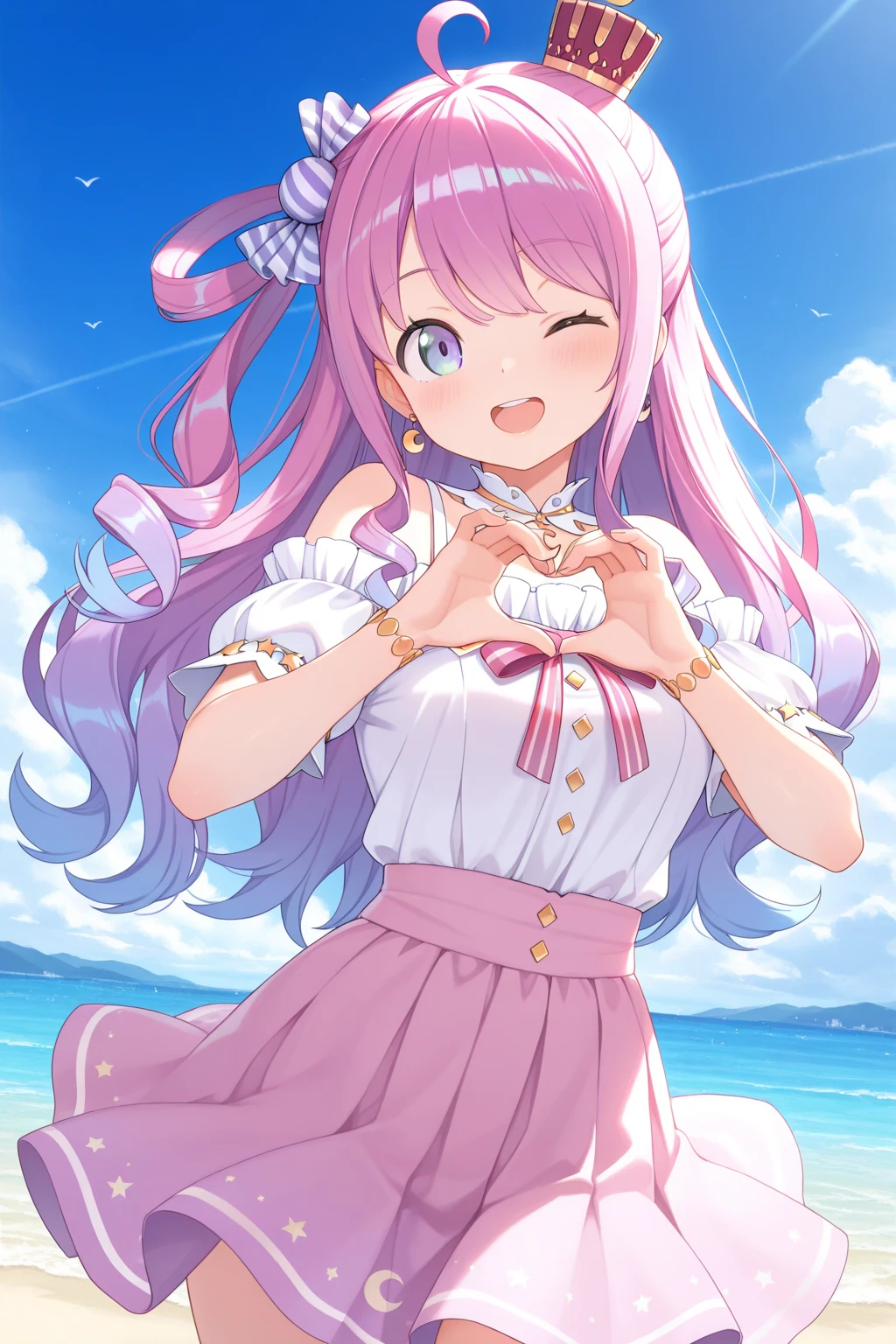 front-facing, masterpiece, top quality, 8K animation, detailed fingers, precise fingers, not unnatural hands, illustration, 1 girl, solo, sagging eyes, pink long hair, purple bikini bra, mini skirt with white ruffles, white gloves, purple big eyes, yellow bonbons on both hands, Hatsune, happiness