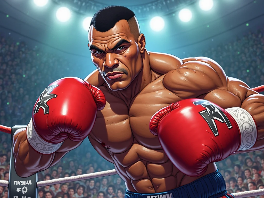 centered, masterpiece, a painting of a man in a boxing ring, trending on Artstation, jazza and rossdraws, anime style hyper detailed, card game illustration, powerful chin, punching, kawacy, profile picture, sachin teng, will smith anime style