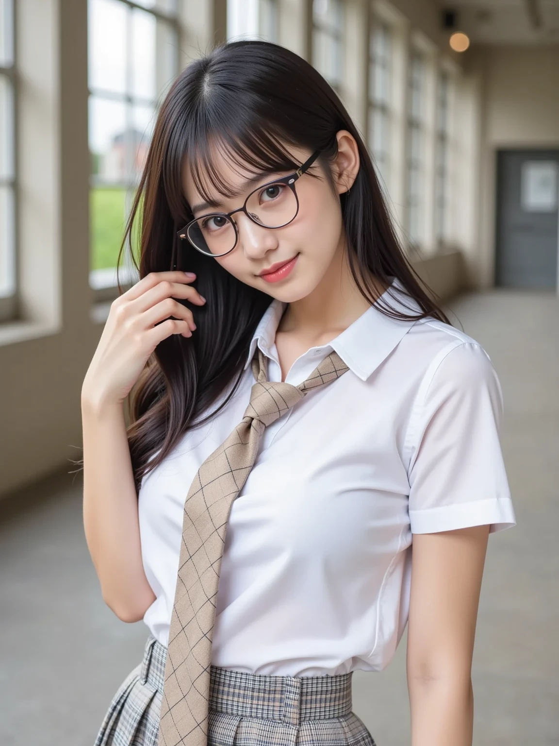 school uniform,Glasses,pantyhose?cute,Mature milf lad,super,full body,nice perfect face with soft skin perfect face,gorgeous long wavy brown-haired,8K resolution,ultra-realistic,ultra-detailed,highs quality,gigantic breasts:1.4)