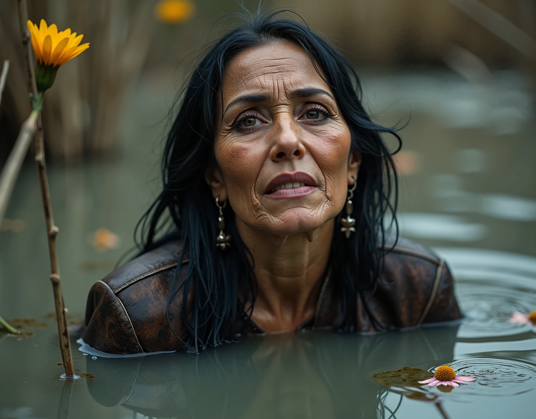 from afar full frame, Above, overdetailed, composition with fatal symbolism, masterpiece, vintage ultra-sharp photo tuning, Surrealistic,  expression of emotional crisis , black night light  ,wet dripping exhausted trembling simple ugly [ botox botox facial correction] dirty mature gloomy vibration kinky native American woman drowns in the swamp, gray sludge , duckweed reed  ,  floral accents, ,  black background, кожаная выцветшая узкая dirty заляпанная грязью куртка, freckles,  strong bags under worn eyes, heavy breathing, bold provocative vulgar makeup, dirty, stained with silt, Indian woman with a sticky body
