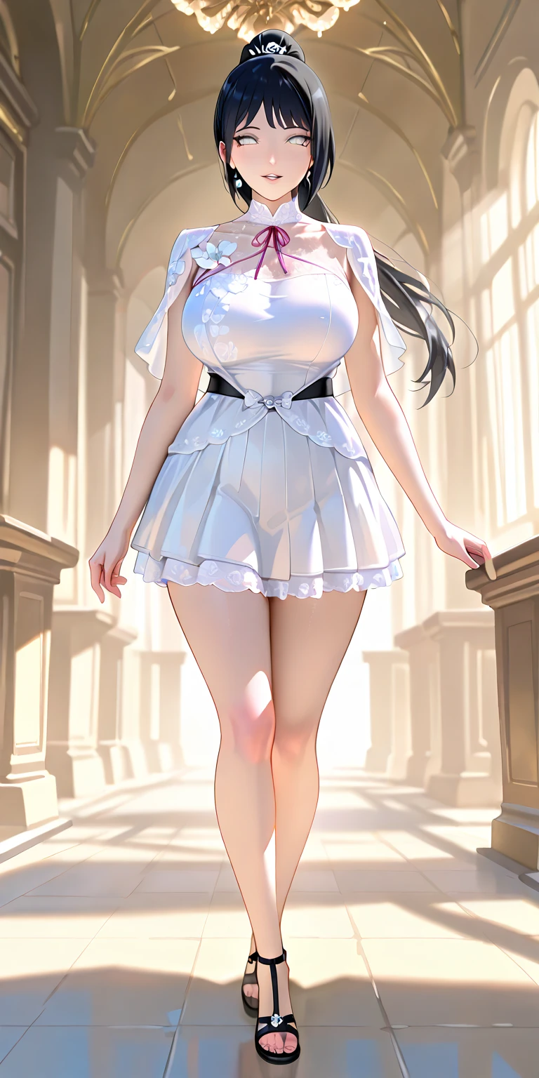 1 girl, game CG, , I can see the cleavage, dress,Princessdress, Princess,race, shoes,high heels, huge breasts, Black髪, long hair, Black, 黒いraceストッキング,high heels,race,bangs,Standing picture