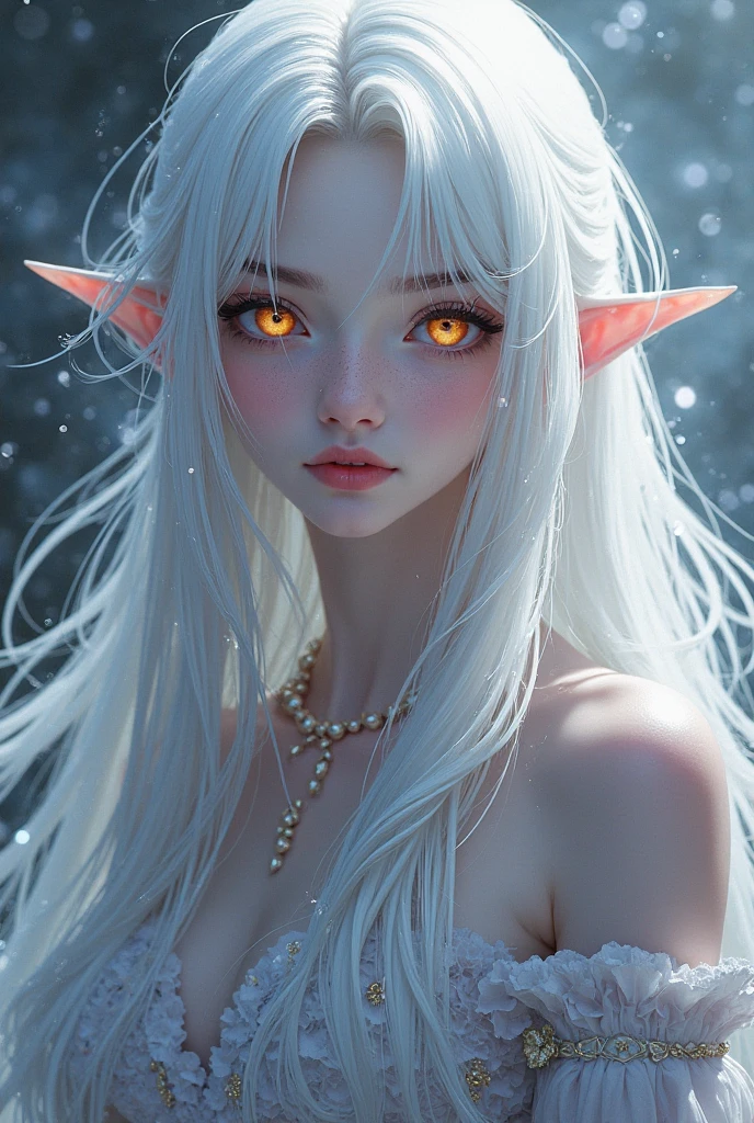 A siren with white straight hair, yellow eyes and pink horns, with breasts covered in scales attached to pink natural skin.. Ears are fins.