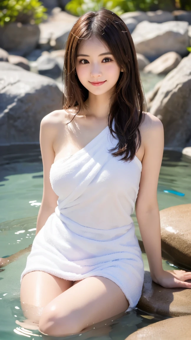 (8k, RAW photos, top quality, masterpiece: 1.2), super detail, super resolution, (realistic, real photos: 1.37), portraits, high definition RAW color photos, professional photos, very detailed and beautiful, highly detailed, 8k wallpapers, amazing details, huge file size, official art, highly detailed CG Unity 8k wallpapers, very detailed beautiful girls, highly detailed faces (20:1.2), 20s, cute girl, (((onsen)), ((naked with a towel)), ((no bra)), (full body wet)), petite, white skin, glowing skin, slim body, black hair, short hair, (dull bangs: 1.2), smile, cute, youthful, cute face, realistic face, delicate eyes, flabby eyes, earrings, necklace, cowboy shot, front face, contrappost, Dynamic Pose, C Cup Milk,