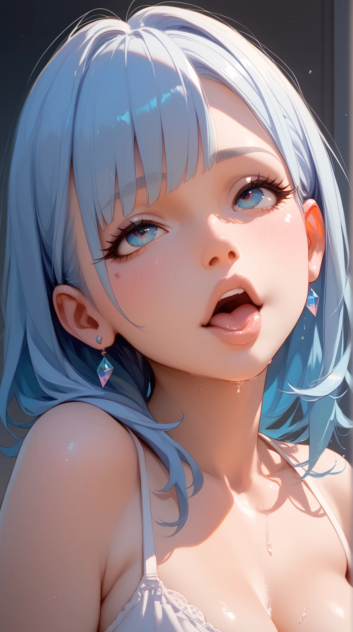 Dynamic angle, High resolution, HD 8K, HDR, (Photorealistic: 1.2), (Very detailed: 1.1), (Gorgeous ceiling), (1woman), (leaning forward: 1.3), (Buxom chest), (Large blue T-shirt), (Pixie cut silver hair), (((Gasping face))), (Clear blue eyes), (Fair skin: 1.2 ), (Natural makeup: 0.9), (((from below))), full-face blush, heart-shaped pupils, <lora:torogao_v4:0.7>